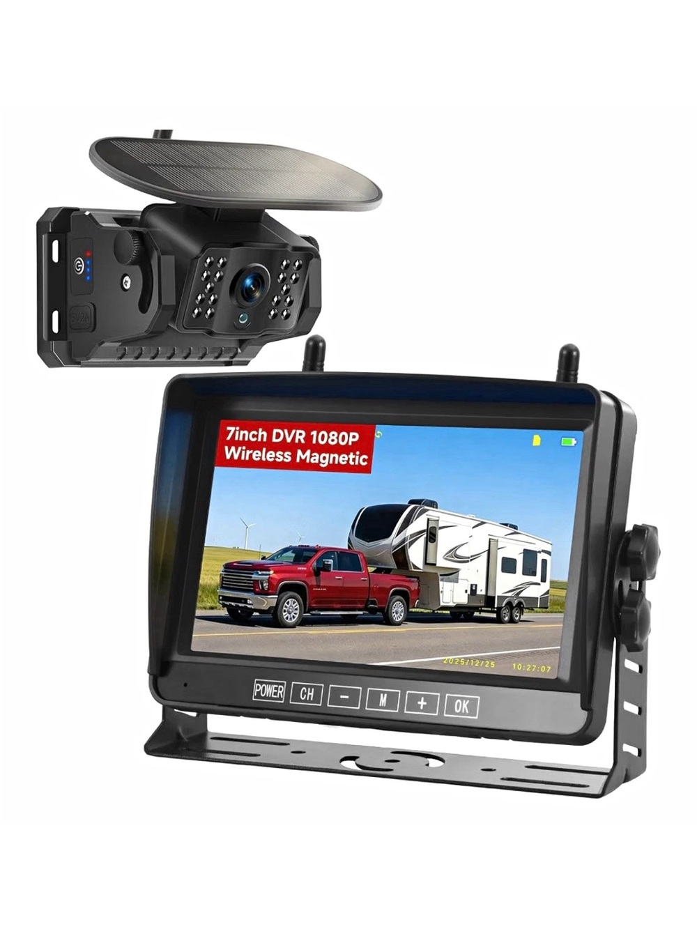Wireless Magnetic 7-inch DVR 1080P Car Monitor and Solar Backup Camera - Black